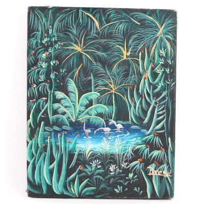 un tableau représentant une scène de jungle avec des flamants roses dans l'eau