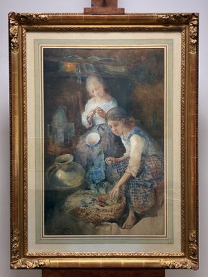 une peinture représentant une femme et deux enfants dans une cuisine