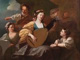 painting of a woman playing a lute surrounded by other women