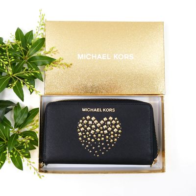 michael kors black leather wallet with gold studded heart