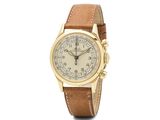 une image d'une montre en or avec un bracelet en cuir marron