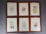 four framed pictures of people and a dog in a room