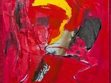 une peinture représentant une œuvre abstraite rouge et jaune posée sur un chevalet en bois
