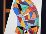 an image of a painting on a easel with a black background