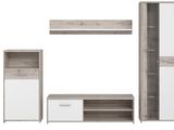 an image of a white and grey entertainment center with shelves and drawers