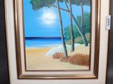 une peinture à l'huile représentant une scène de plage avec des arbres et un ciel bleu