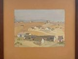 framed picture of a painting of a village in the desert