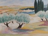 un tableau représentant des arbres dans un champ, avec un bateau au loin