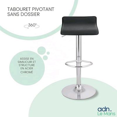 tabouret de bar noir et chromé, avec assise et repose-pieds noirs