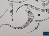 a black and white drawing of a fish and a kite