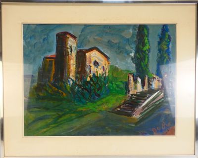 peinture représentant un tableau représentant un bâtiment avec un escalier menant à celui-ci