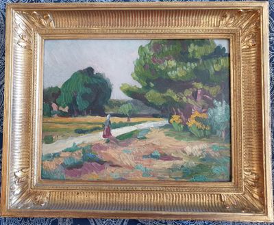 une peinture à l'huile représentant une femme marchant sur un sentier dans un champ