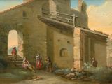 painting of a group of people in front of a building