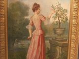 a painting of a woman in a pink dress holding a flower
