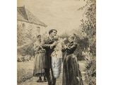 a black and white drawing of a group of people standing in front of a house