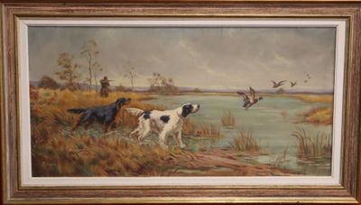 an oil painting of two dogs and a duck in the water