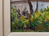 a painting of a bird perched on a tree by the water