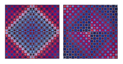 two paintings of different colors and shapes on a white background