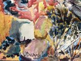 a painting of a vase of flowers on a table