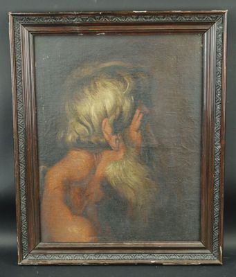 un vieux tableau représentant une femme portant sa main à son visage