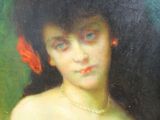 painting of a woman in a hat with flowers in her hair