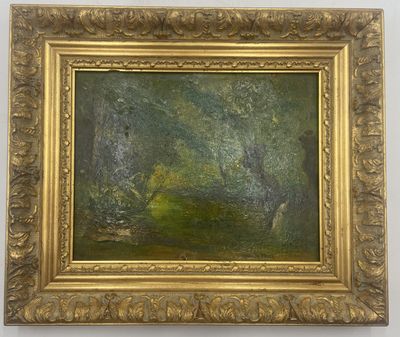 peinture à l'huile d'une scène de forêt avec des arbres au premier plan