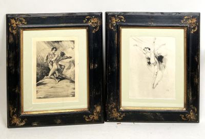 two framed drawings of a man and a woman on a horse