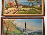 two paintings of a church and a church on a hill