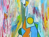abstract painting of a man holding a bouquet of flowers in his hand