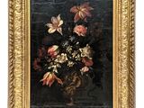 an oil painting of flowers in a vase on a table