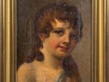 an oil painting of a young girl in a blue dress