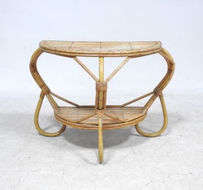 a close up of a table with a shelf on top of it