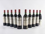six bottles of red wine lined up in a row