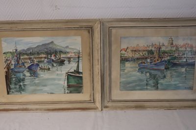 painting of a harbor scene with boats and buildings in the background