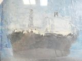 a painting of a boat in a room with a skylight