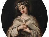 an image of a painting of a woman holding a flower in her hands
