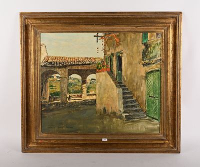 une peinture à l'huile représentant une scène de rue avec un pont en arrière-plan