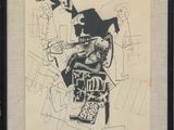 an image of a black and white drawing of a man with a hat