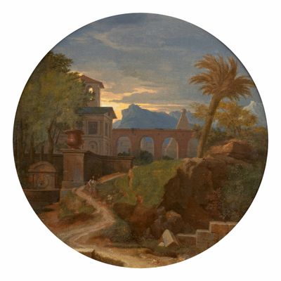 une image représentant un tableau représentant un paysage avec un pont au loin