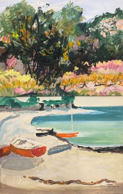 un tableau représentant des bateaux au bord d'un lac