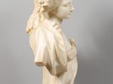 a white marble bust of a woman on a clear pedestal