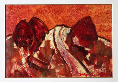 peinture abstraite représentant deux artichauts sur fond rouge