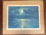 an image of a painting of a full moon rising over the ocean