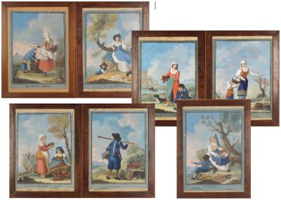 six tableaux encadrés représentant des personnes jouant d'un instrument dans un décor boisé