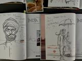 sketches of a man with a turban and an umbrella in a book