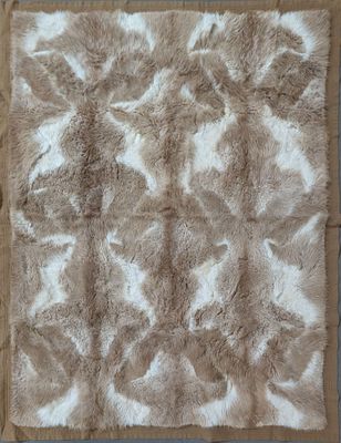 Le tapis est en fourrure marron et blanche, parsemée de taches blanches.
