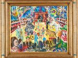 an oil painting of a circus scene with animals and clowns