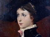 portrait of a lady in a black hat and pink dress