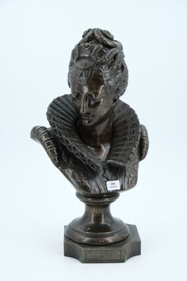 bronze bust of a woman holding a fan on a pedestal