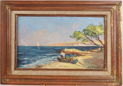une peinture à l'huile représentant un bateau sur une plage, près d'un arbre